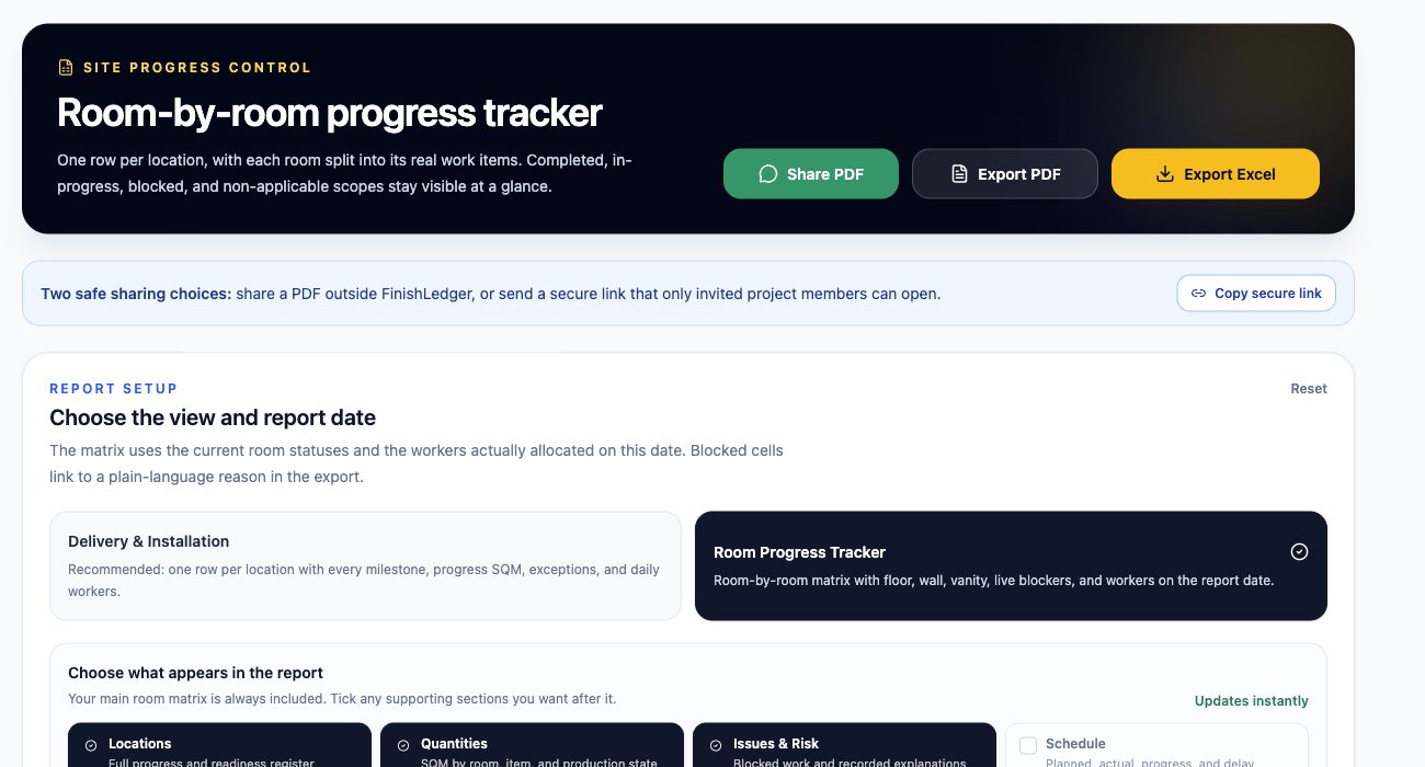 FinishLedger room-by-room report builder